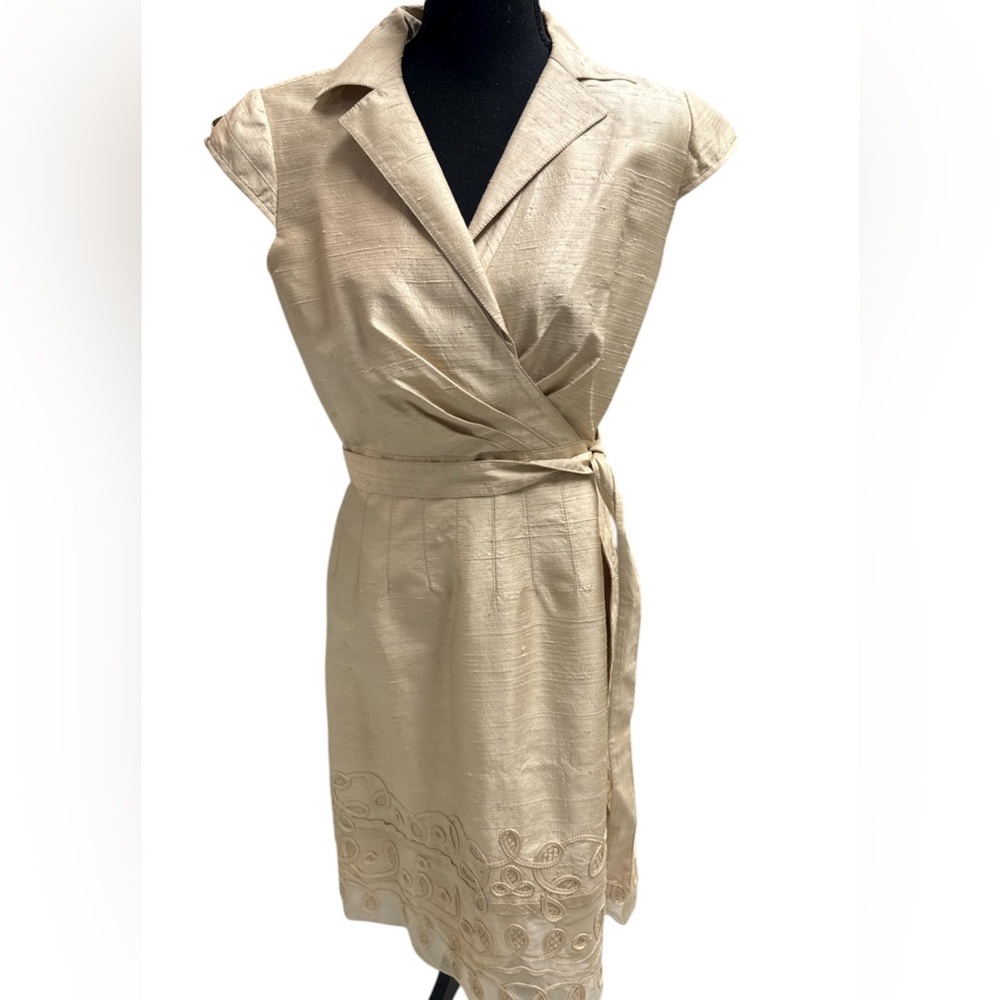 Kay Unger Gold Wrap  Silk Midi Dress Size 8